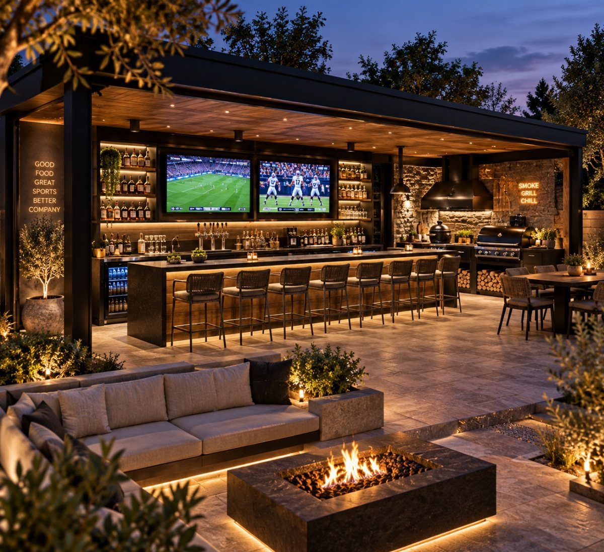 Modern outdoor bar and kitchen area with a long counter, stools, and a fire pit.