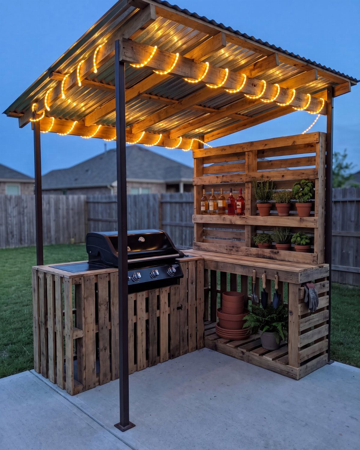 A wooden pallet outdoor kitchen setup with a grill under a metal roof shelter.