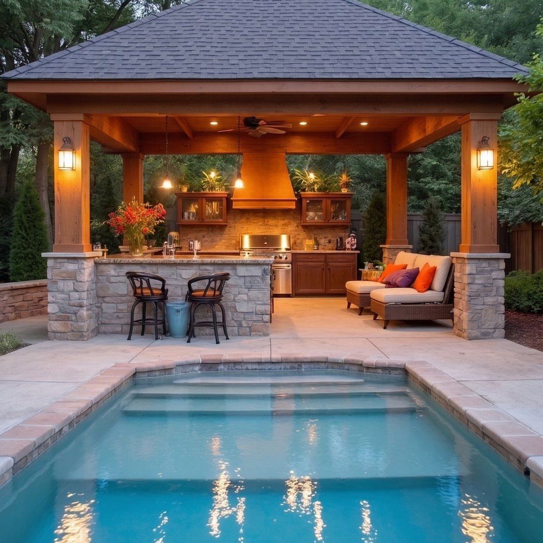 A wooden poolside pavilion featuring a stone bar, built-in grill, and lounge seating next to a swimming pool.
