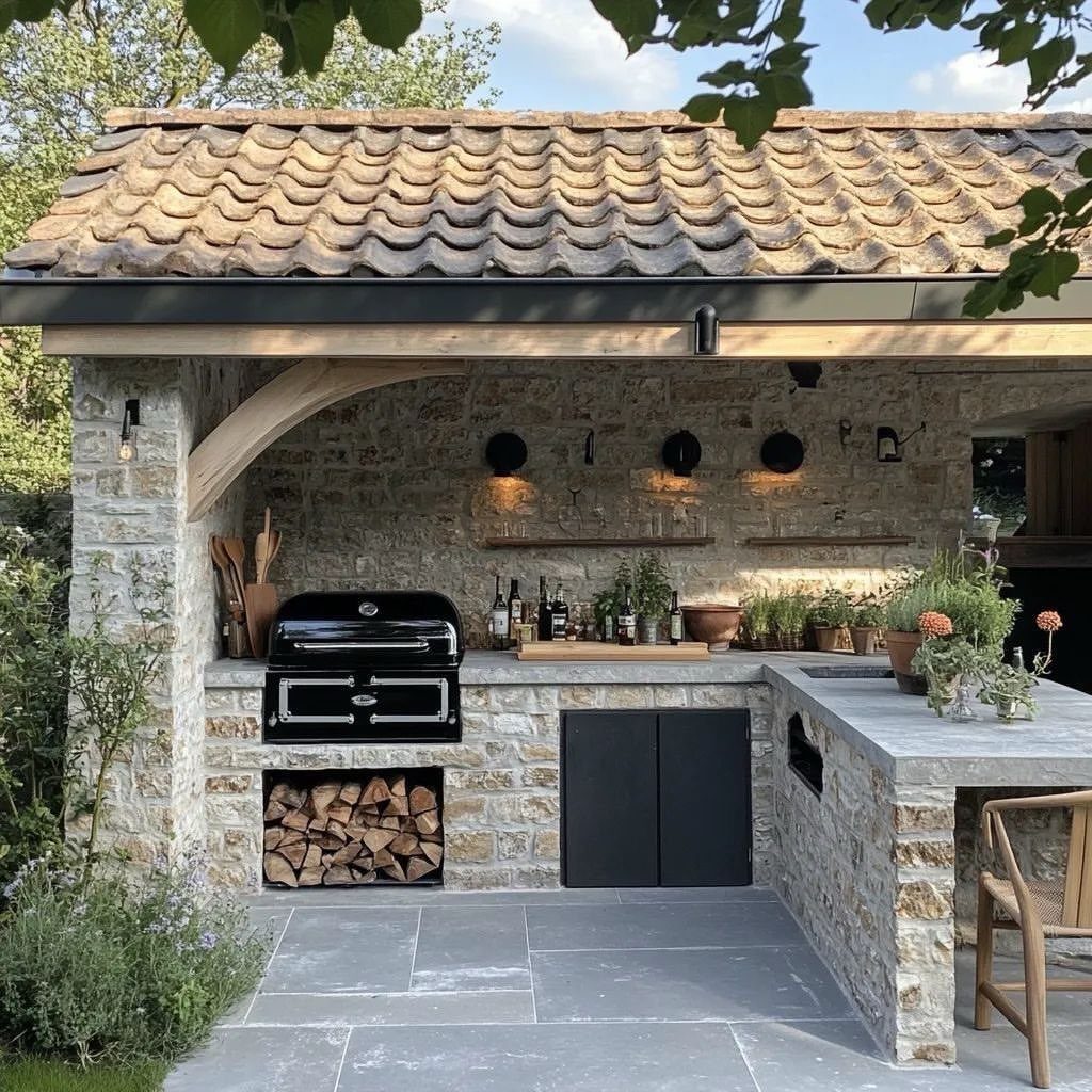 A stone outdoor kitchen pavilion with a built-in grill and wood storage under a tiled roof.