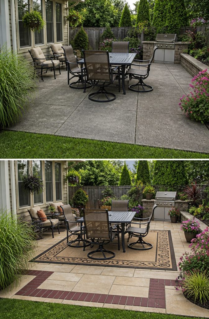 A patio featuring contrasting materials for texture and color.