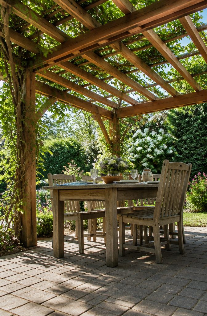 A pergola with an open lattice roof allowing dappled sunlight.