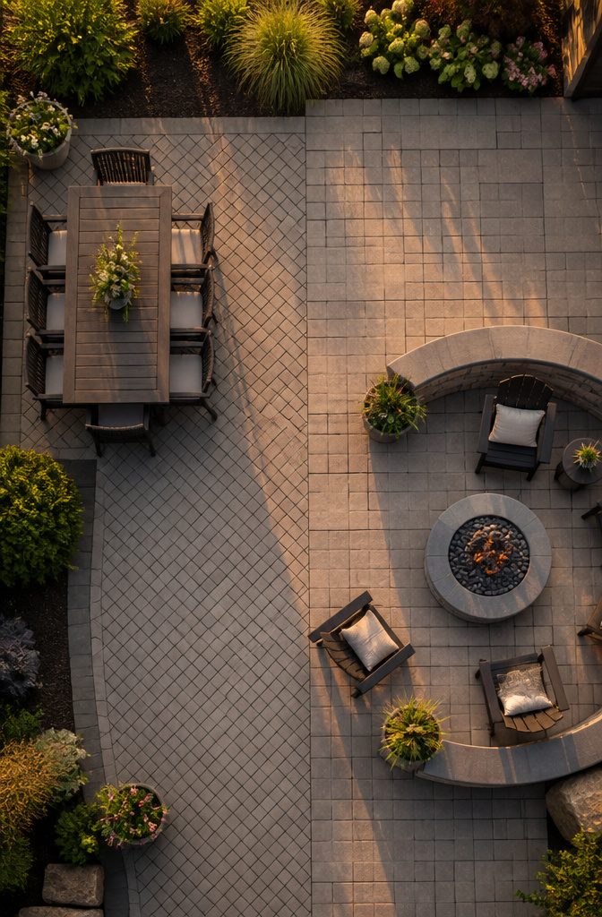 A patio with distinct dining and lounge zones created by different paver patterns.