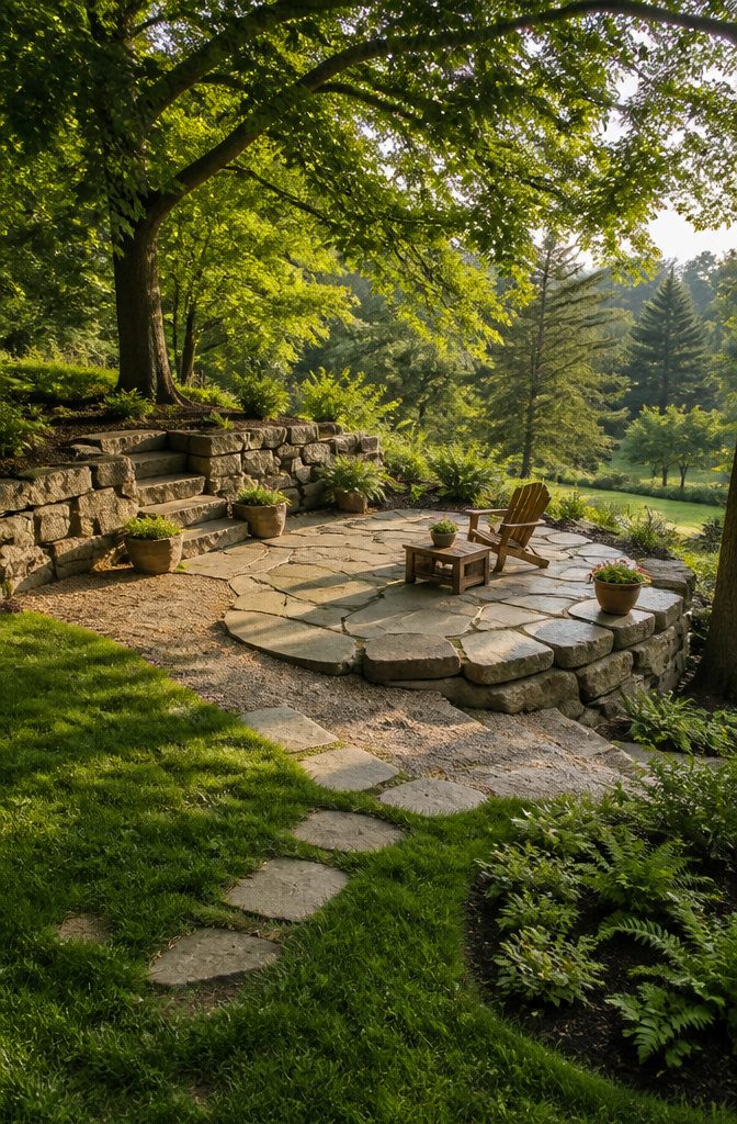 A patio designed to follow the natural slope of the yard.