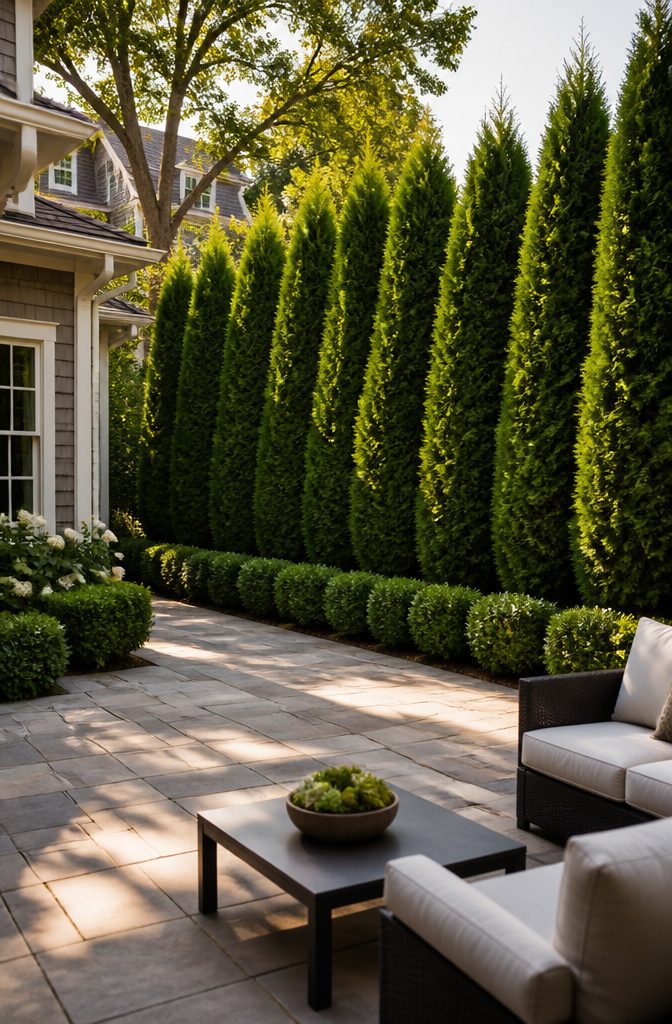 A green living wall made of Emerald Green arborvitae along a patio.