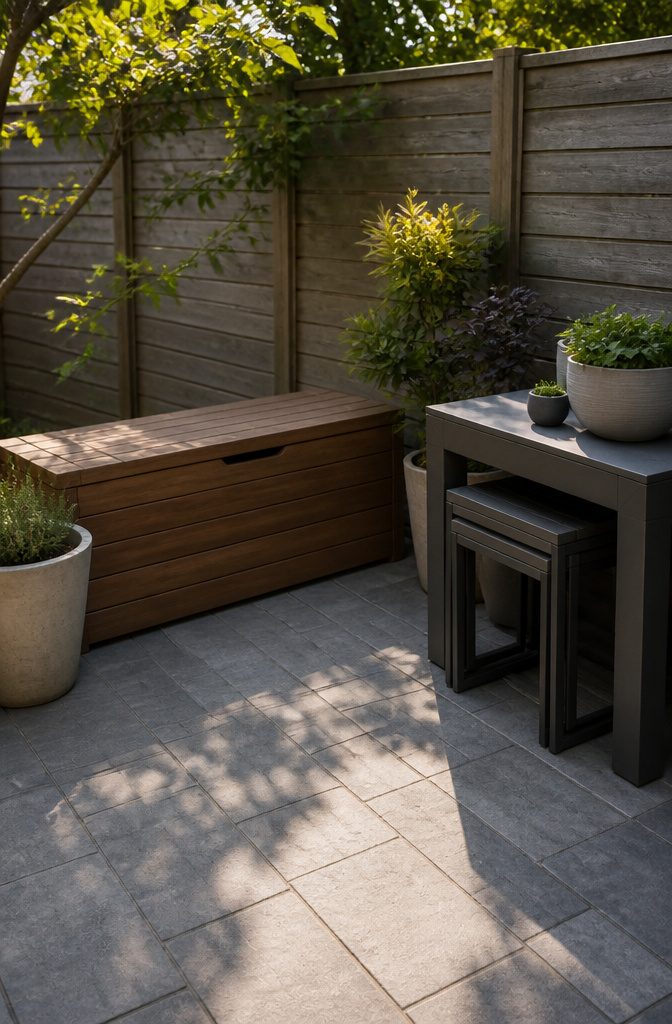 A patio with a storage bench and stackable stools for compact seating.