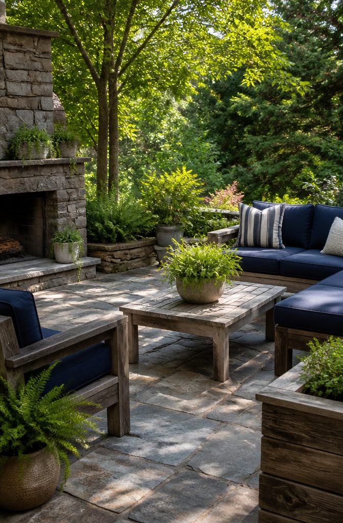 A patio designed with natural stone and reclaimed wood seating.