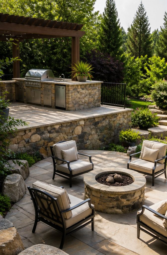 An outdoor kitchen with a granite countertop and lounge area with a fire pit.