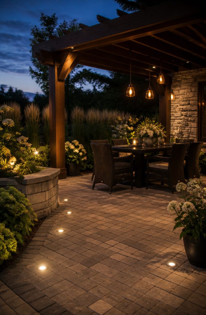 A patio illuminated by recessed lights built into the brick pavers.