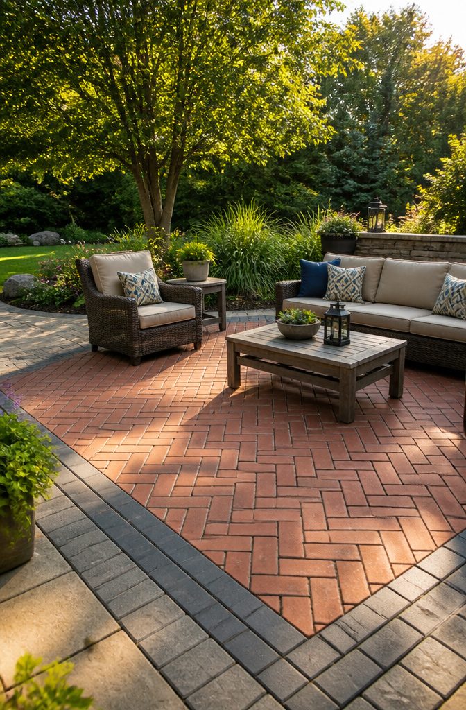 A patio with a herringbone pattern made of warm brick pavers.