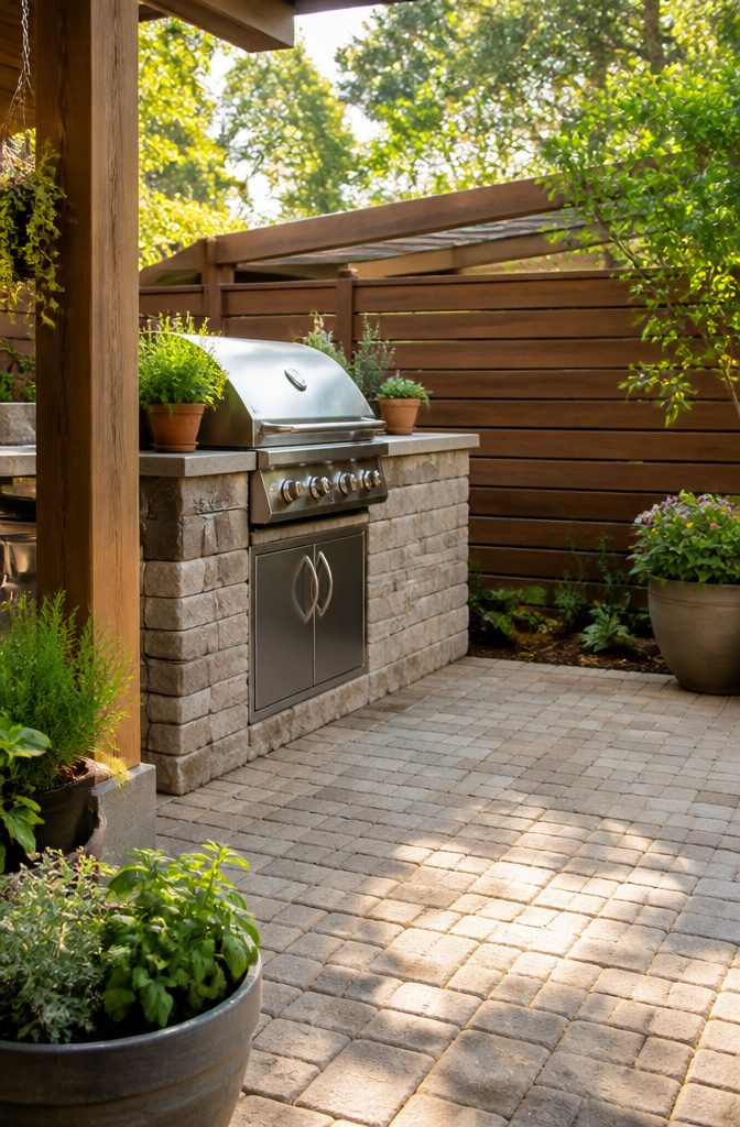 A close-up of a grilling station surrounded by rustic pavers.