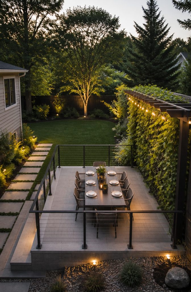 A small patio layout designed for six people with a railing and trellis.
