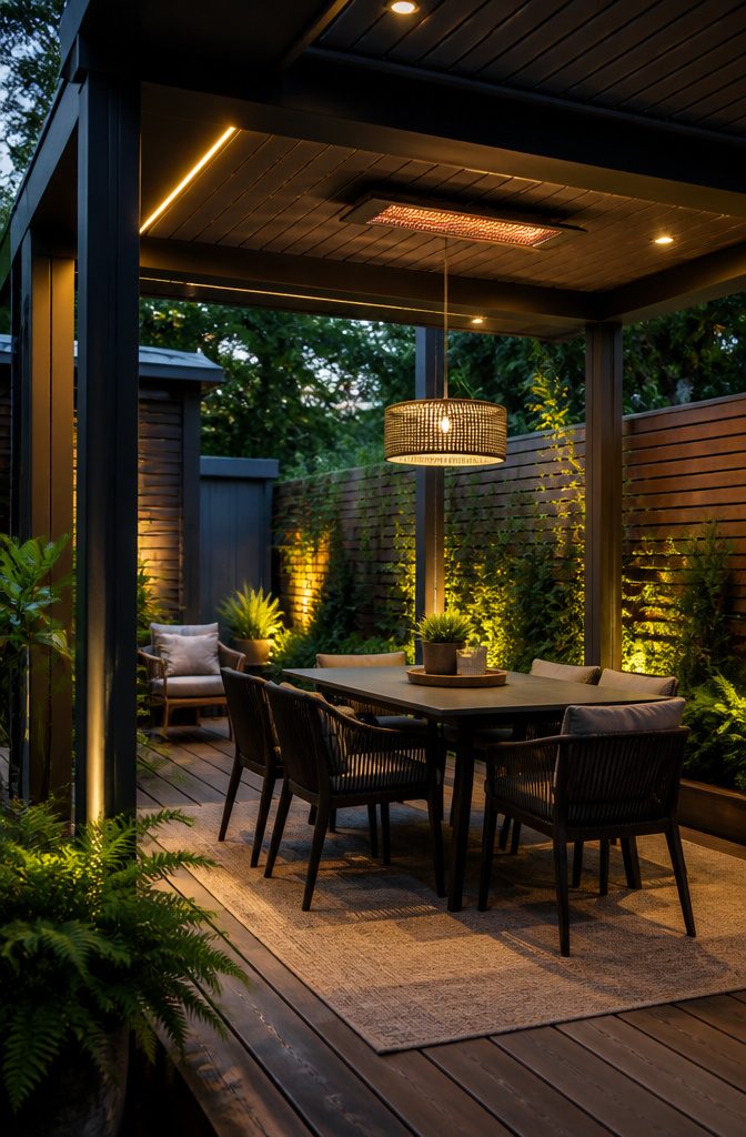 A patio featuring smart lighting and heating integrated into the design.