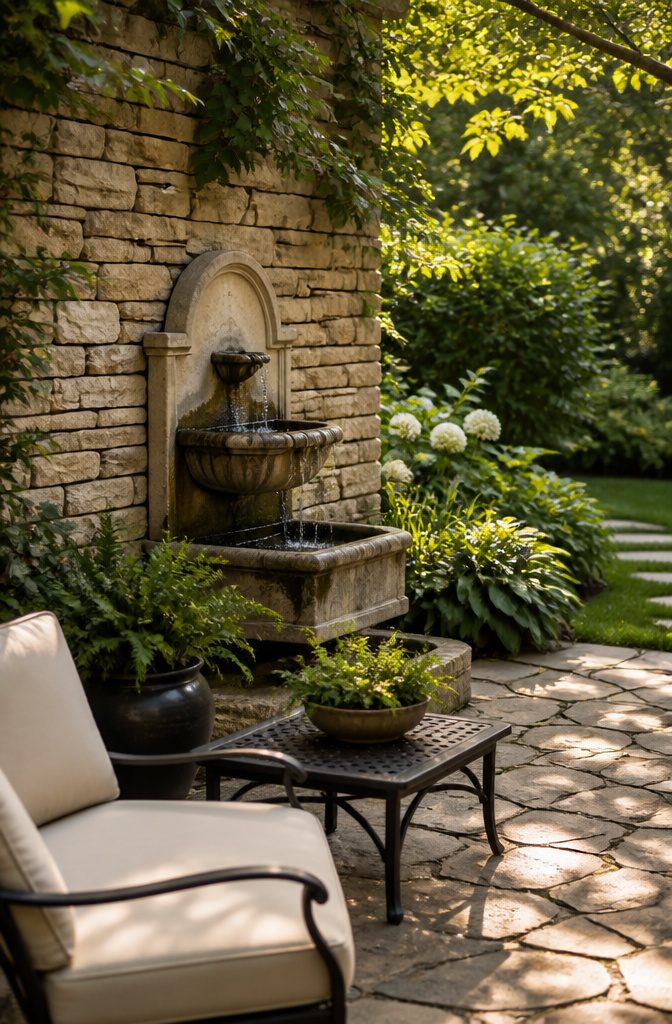 A wall-mounted fountain against a rustic stone wall in a patio setting.