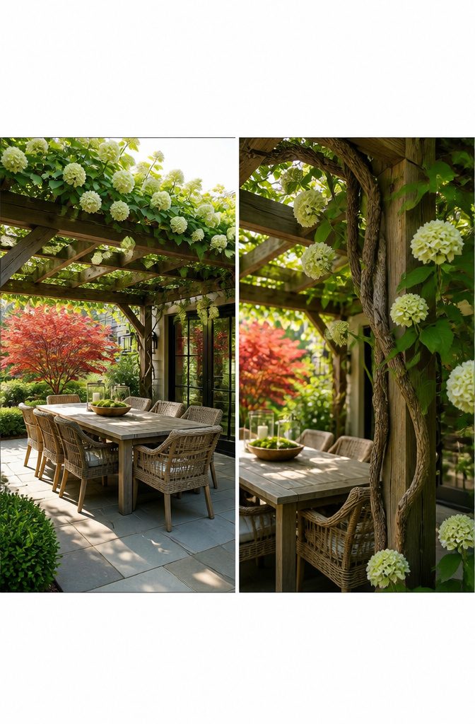 A patio designed for year-round use with a pergola and winter plants.