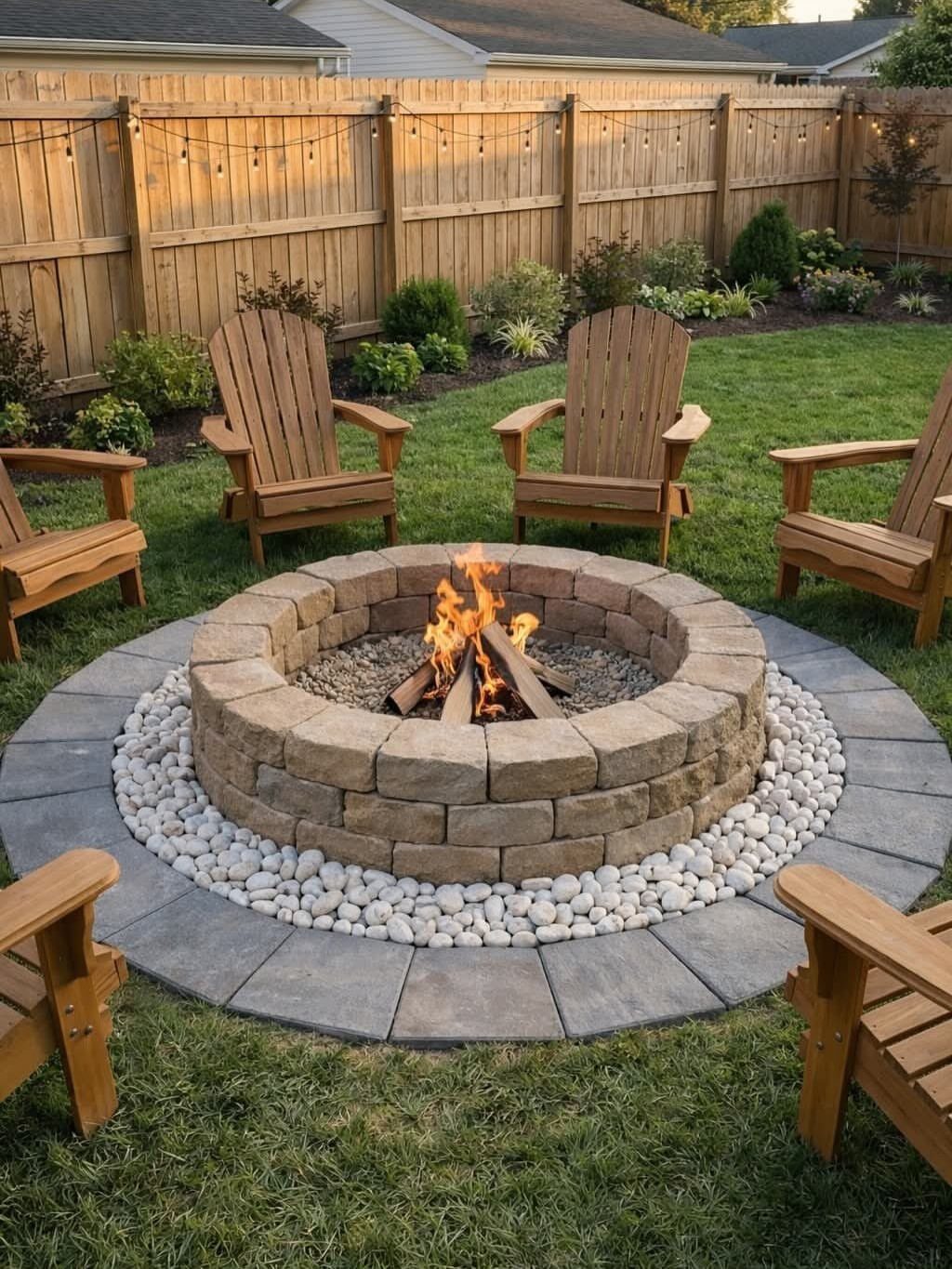 Wooden Adirondack chairs arranged in a circle around a stone fire pit on a grassy backyard lawn.