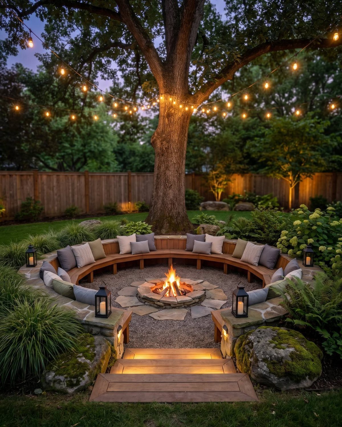 A circular wooden bench surrounds a stone fire pit under a large tree with string lights.