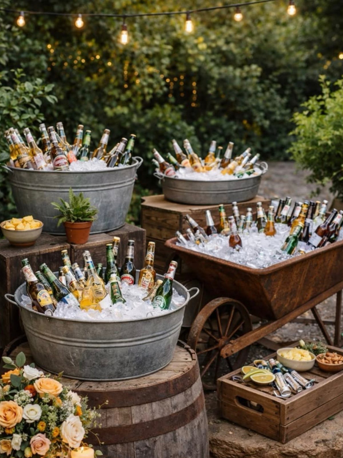 Bottled beers chilling in large metal tubs filled with ice on wooden barrels outdoors.