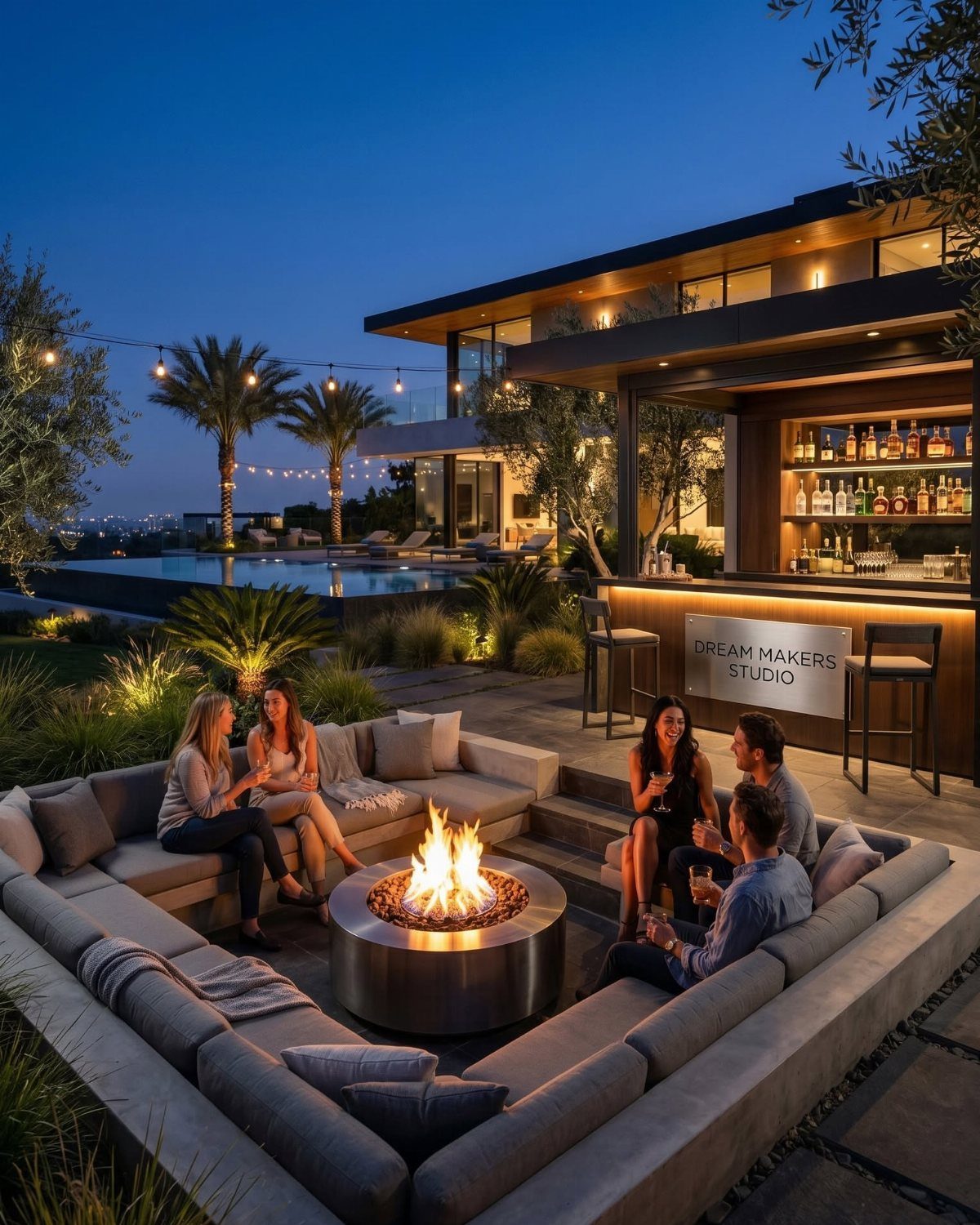 Four people sitting on a large outdoor sectional sofa around a glowing circular fire pit at night.