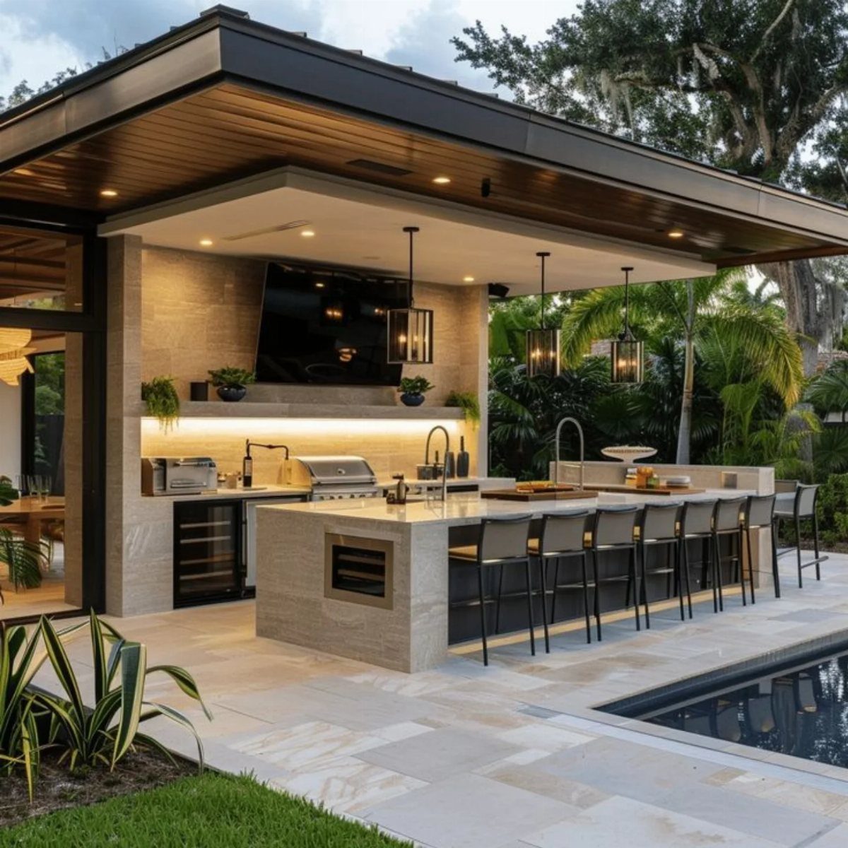 Modern outdoor kitchen and bar with stone counters and black stools next to a pool.