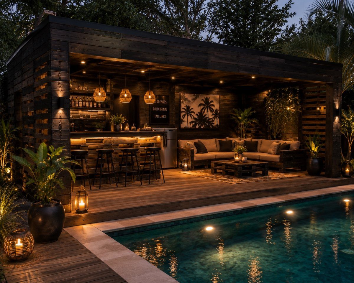 A rustic wooden outdoor bar and lounge area situated next to a glowing swimming pool.