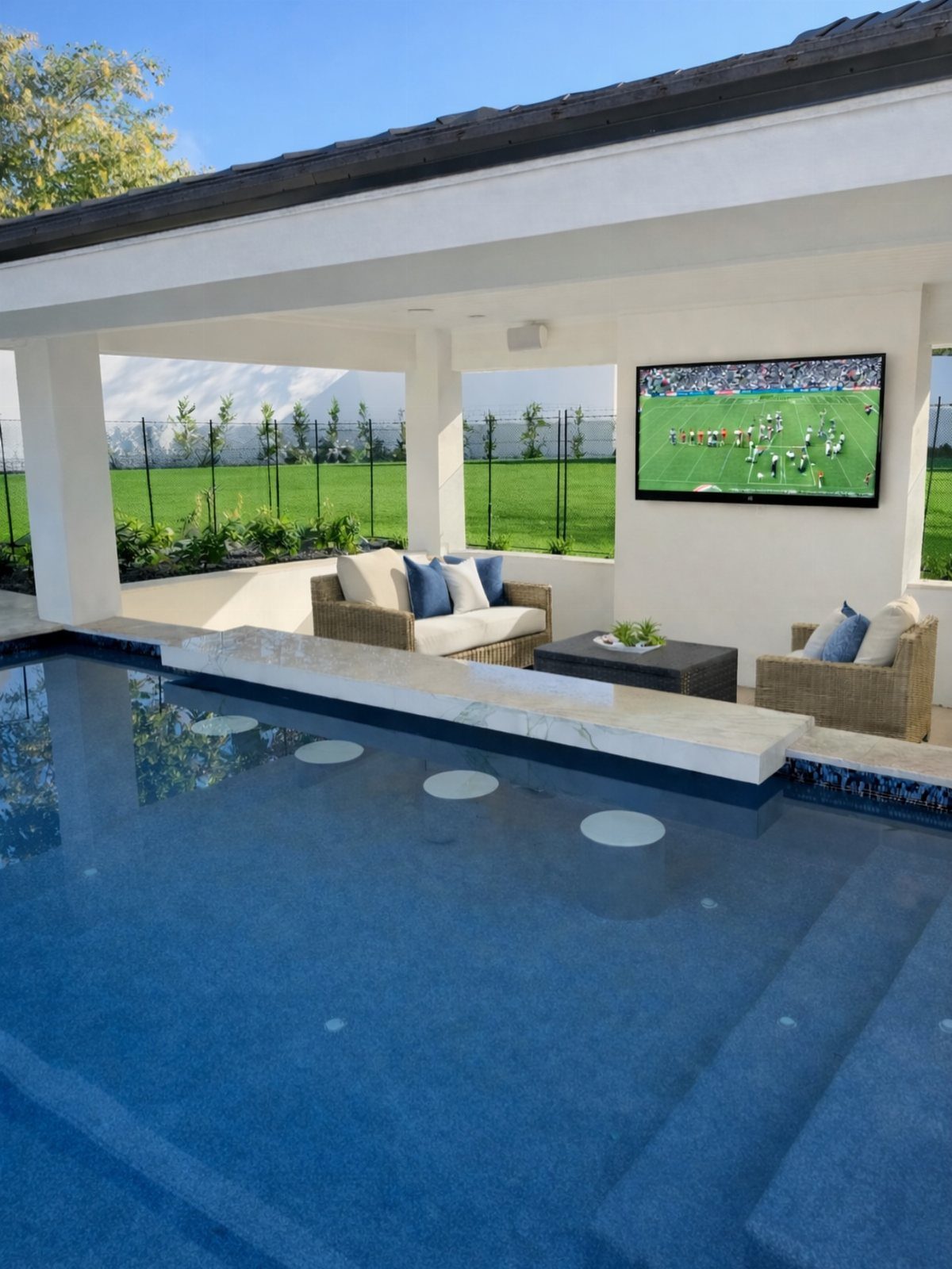 Submerged white stools sit along a stone ledge inside a clear blue swimming pool.