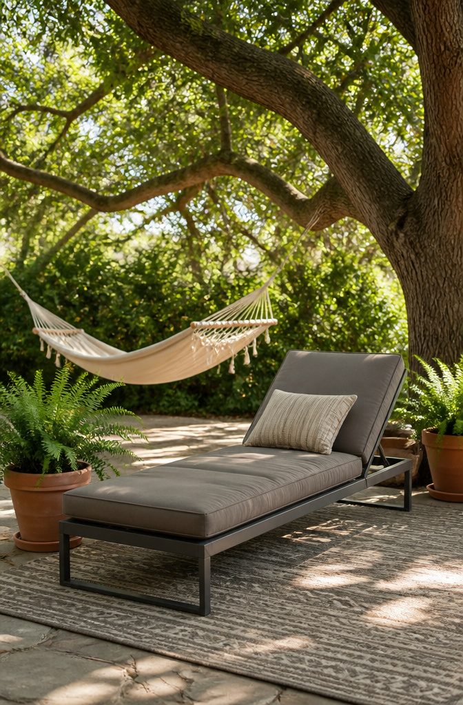 A chaise lounge and hammock under a tree in a garden.