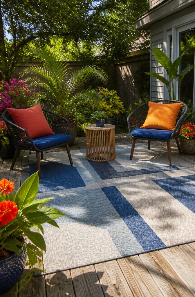 A geometric outdoor rug on a weathered wood deck.