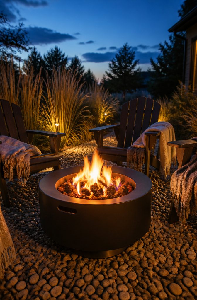 A portable fire pit set up in a backyard space.