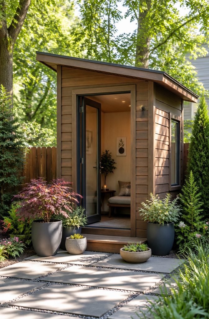 A small meditation shed surrounded by greenery.