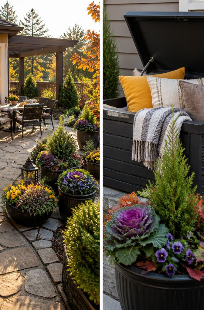 Potted plants arranged on a patio for seasonal appeal.