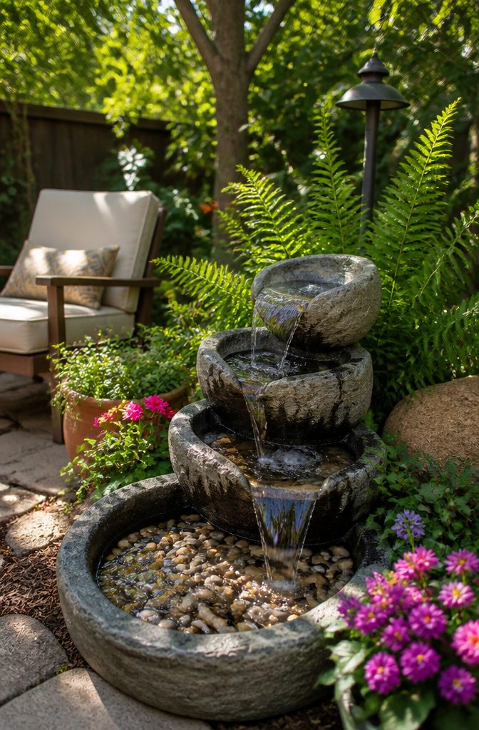 A solar-powered fountain with flowing water and surrounding plants.
