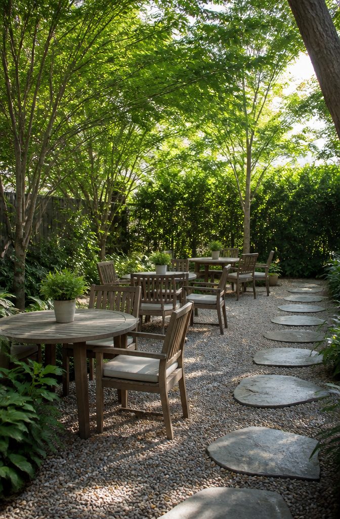 A patio with crushed stone flooring and wooden tables.