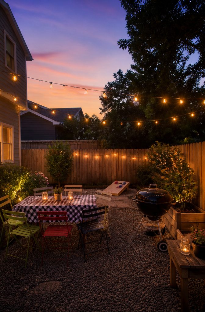 Backyard setup with string lights and casual seating.