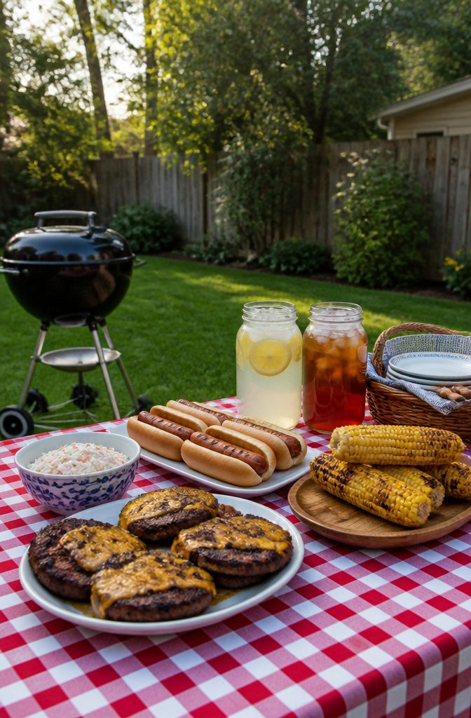 Picnic table with smash burgers, hot dogs, and grilled corn.