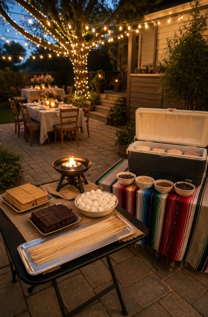 Table set with s'mores ingredients and ice cream for desserts.