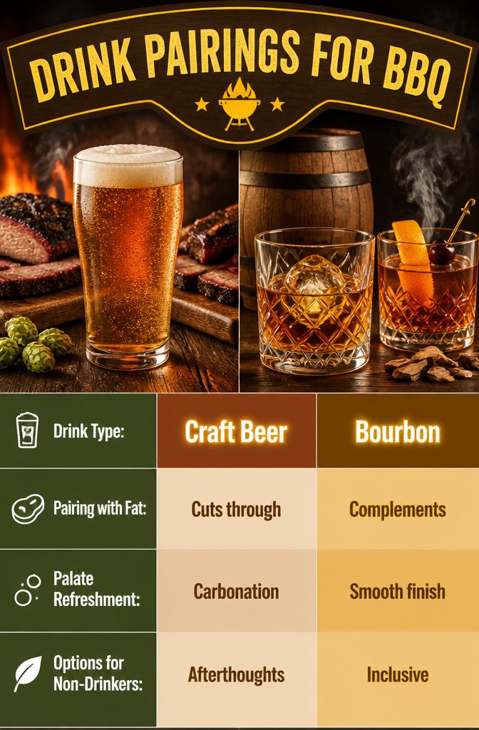 Image of various drinks paired with BBQ foods.