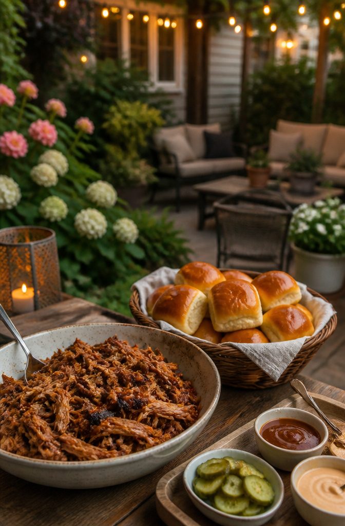 Bowl of pulled pork and slider rolls ready for assembly.