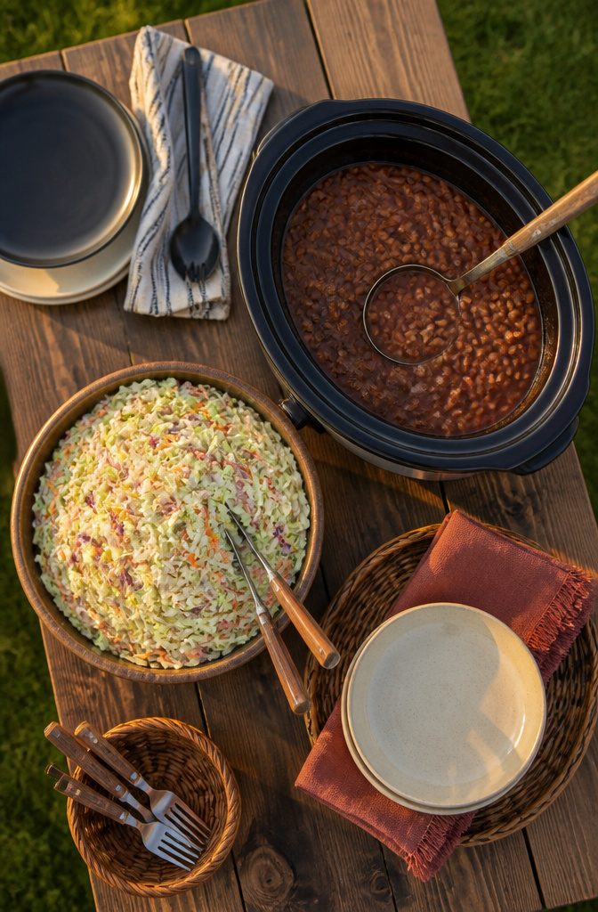Image showing side dishes for BBQ, including coleslaw and beans.