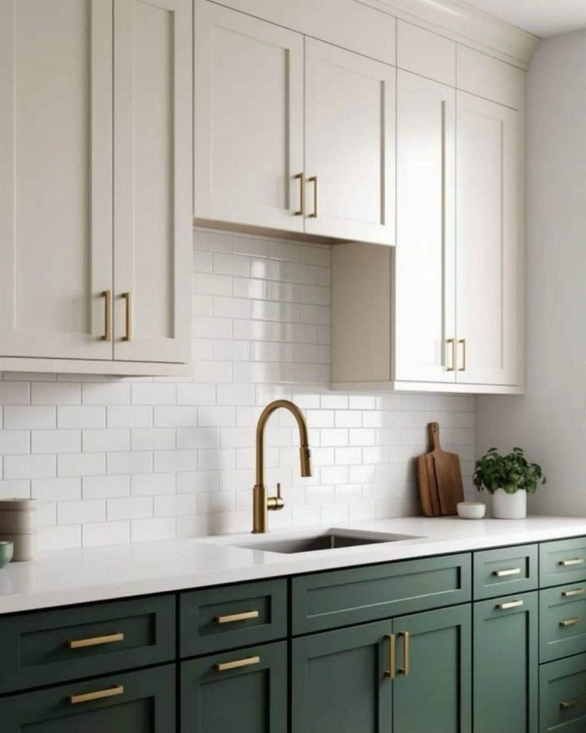 Cream upper cabinets and green lower cabinets with gold hardware in a bright kitchen.