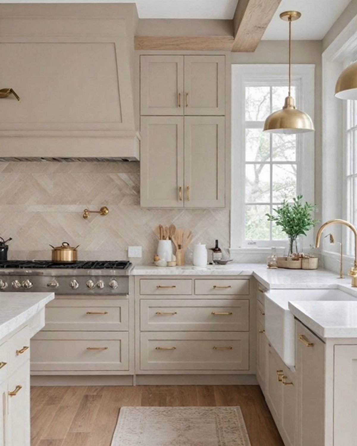 Beige kitchen cabinets with gold metallic hardware and marble countertops in a bright kitchen.