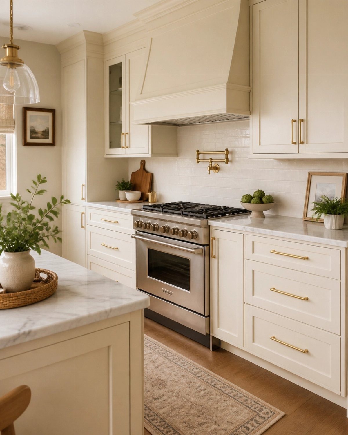 Cream beige kitchen cabinets with gold hardware and white veined quartz countertops.