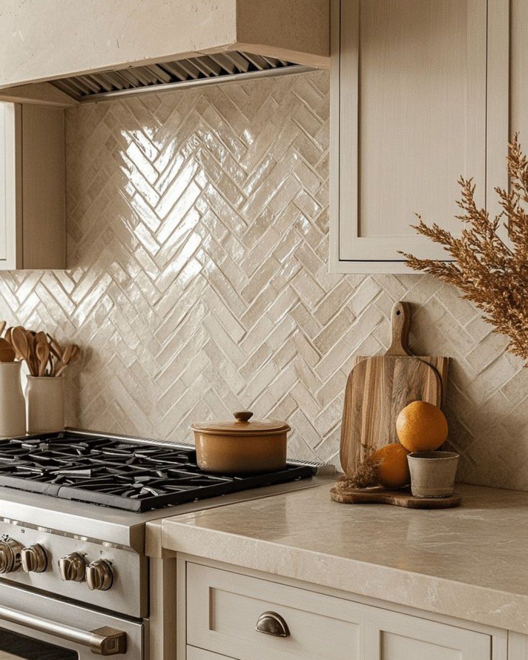 Creamy Zellige tiles in a herringbone pattern installed as a kitchen backsplash behind a stove.