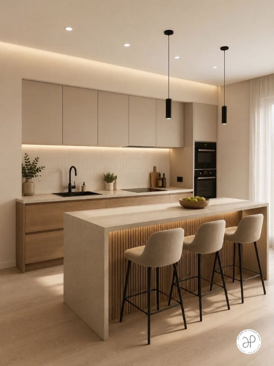 Modern kitchen with beige cabinets, a large neutral island, and three stylish bar stools.