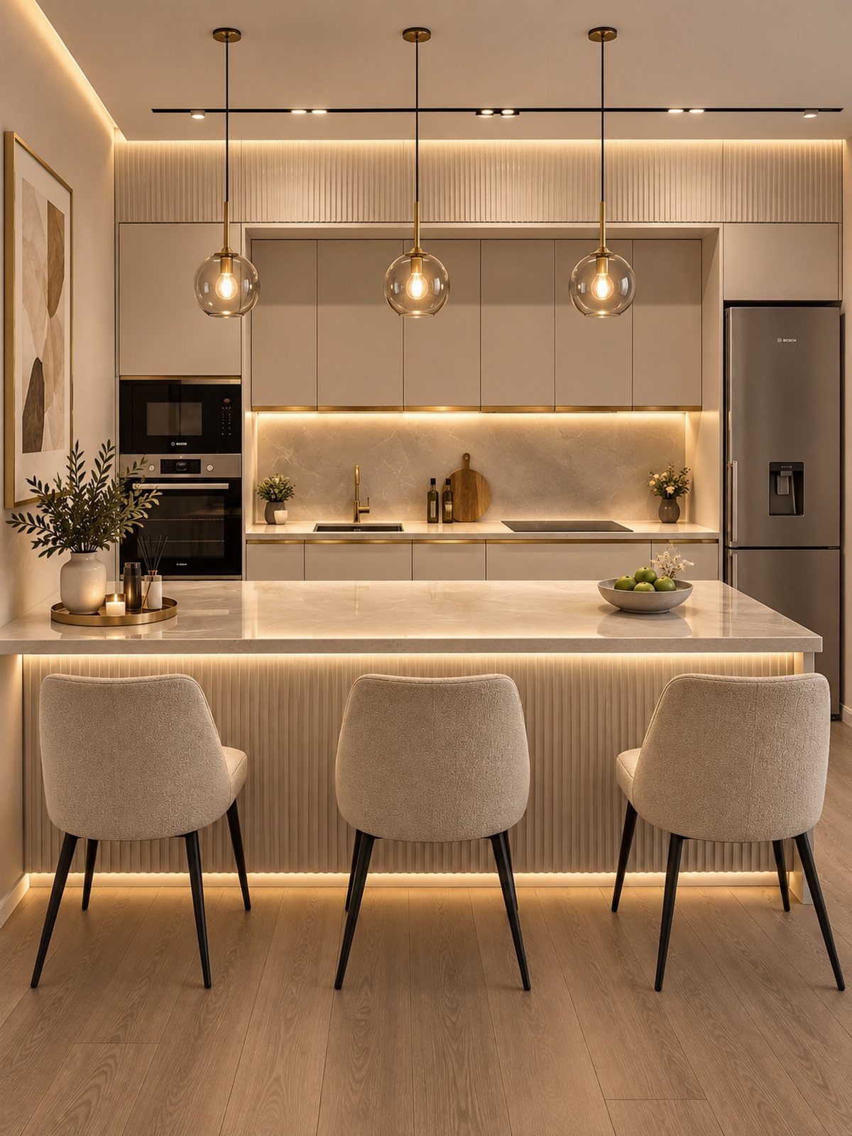 Beige kitchen cabinets with a large island and light hardwood flooring in a modern setting.