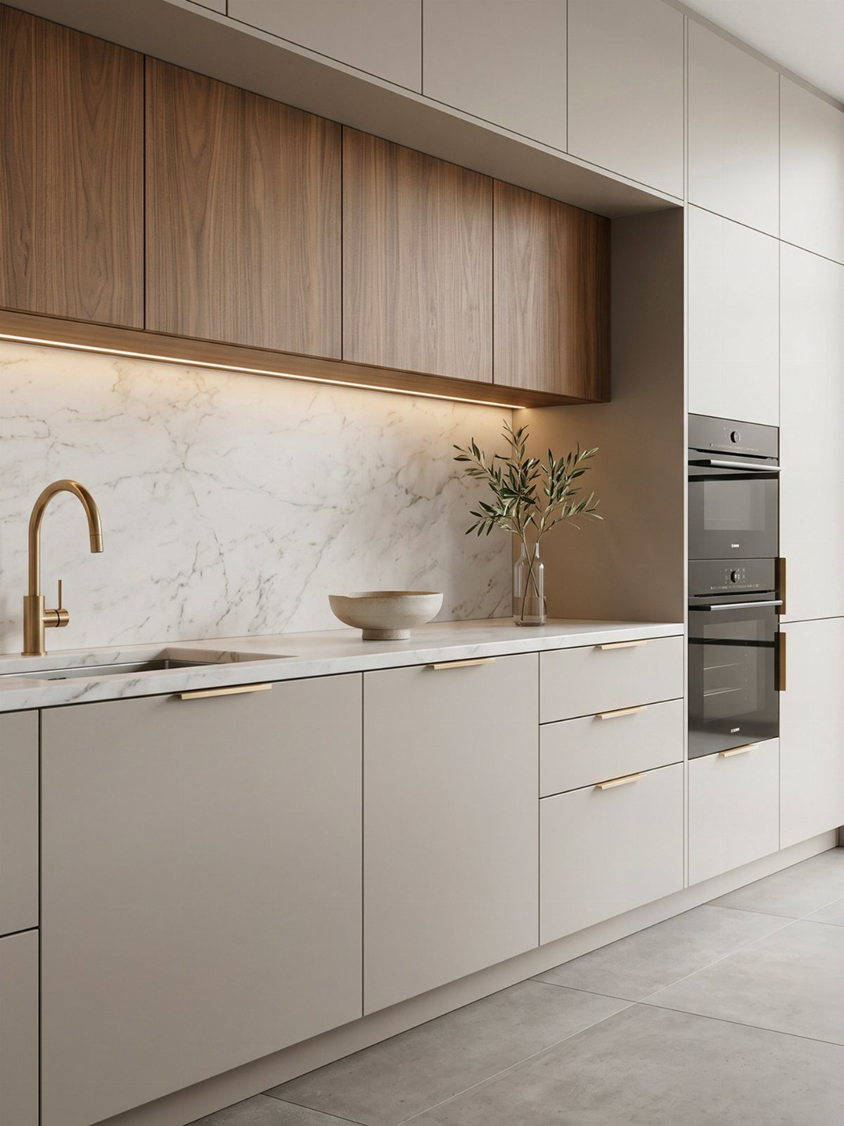 Beige kitchen cabinets with gold hardware, wood upper cabinets, and a marble backsplash.