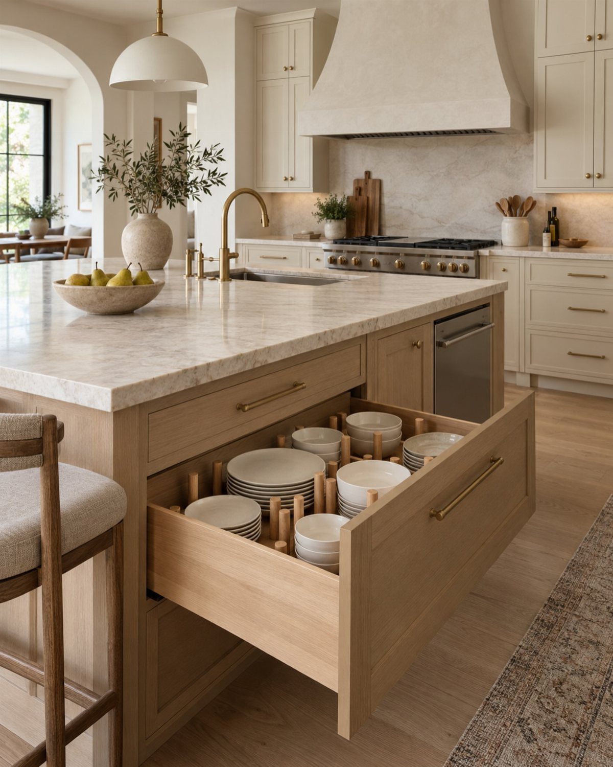 Beige kitchen cabinets with marble countertops and warm white walls in a bright room.