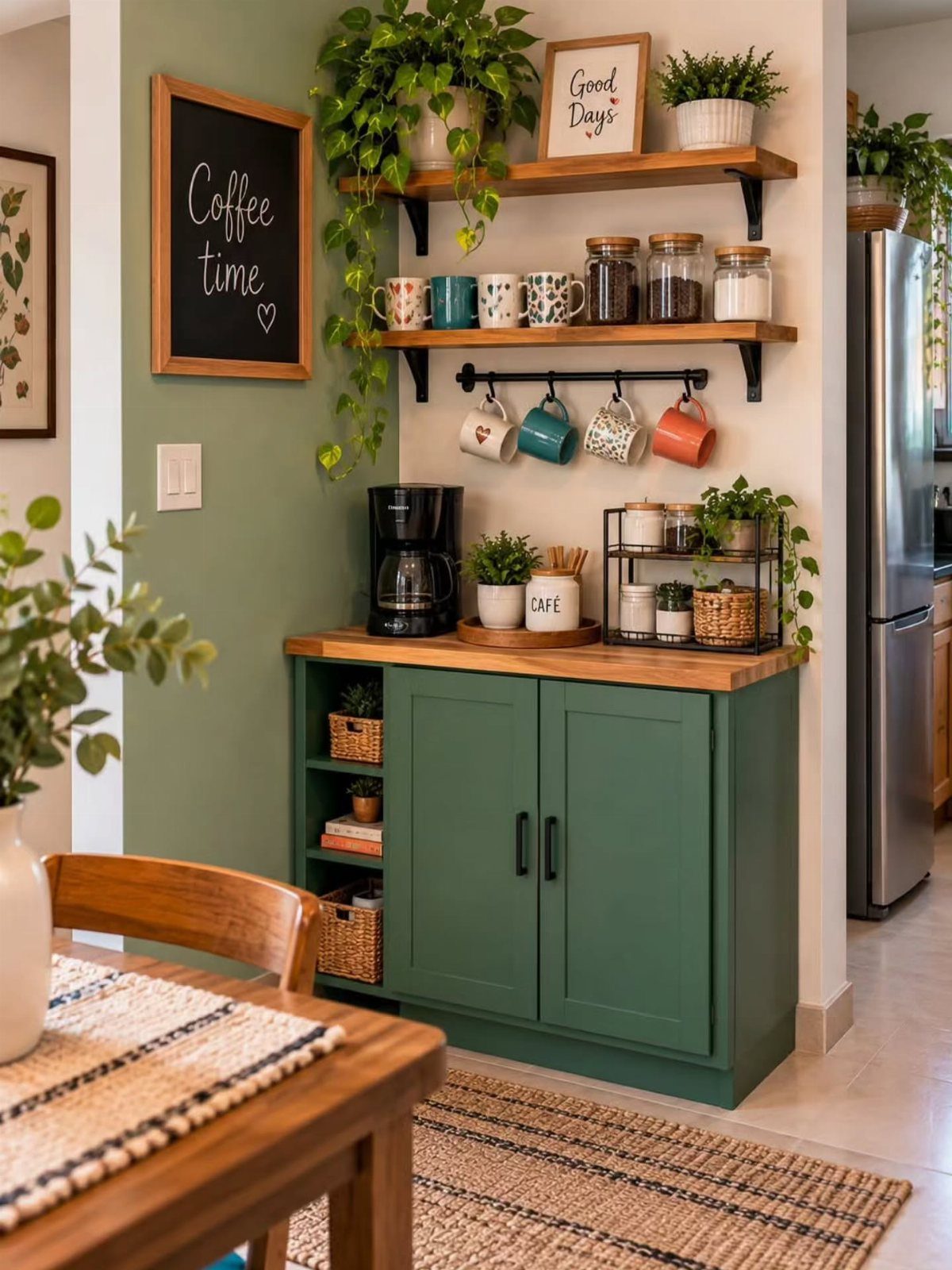 A green sideboard organized as a coffee station with a coffee maker, hanging mugs, and wooden shelves.