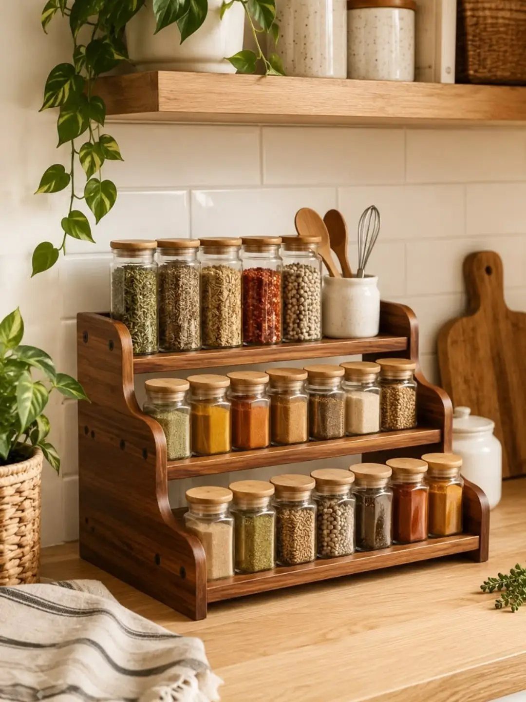 Wooden three-tier spice rack filled with glass jars of colorful spices on a kitchen counter.
