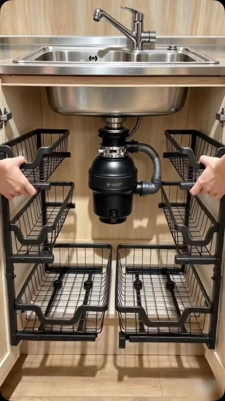 Black wire pull-out storage baskets installed inside a kitchen cabinet under a stainless steel sink.